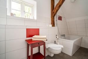 a white bathroom with a toilet and a sink at Hotel Bolter Mühle - DZ Rapskammer in Rechlin +18 photos