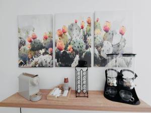 a shelf with three cactus paintings on a wall at PIAZZA COPERTA Casa Vacanza in Aradeo