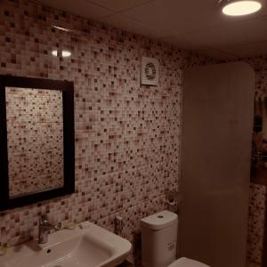 a bathroom with a toilet and a sink and a mirror at Eva camp in Disah