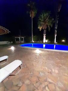 a swimming pool at night with two palm trees at Anavissos pool appartment in Anavyssos
