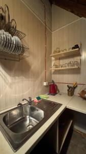 a kitchen with a sink and a counter top at Ambra Apartaments Palanga in Palanga
