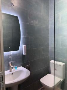 a bathroom with a sink and a toilet and a mirror at Three Colour Rooms in Kutaisi