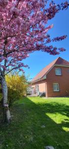 a tree with pink flowers in front of a house at Ferienhaus Villa Deichfürst in Dorum-Neufeld