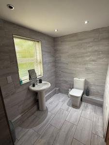 a bathroom with a sink and a toilet and a window at Stonebarn New in Halton