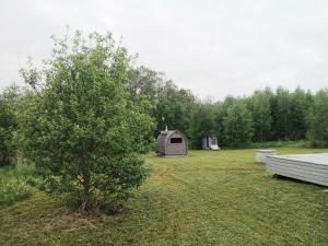a tent in the middle of a field with a tree at Elenos sodyba in Puorai