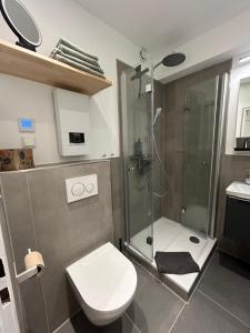 a bathroom with a shower and a toilet at Apartment Nordly in Wendtorf +35 photos