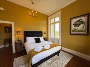 a bedroom with a bed with yellow walls and a chandelier at Chateau de Briand in Luxé +49 photos
