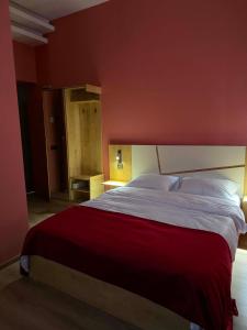 a bedroom with a large bed with a red wall at Three Colour Rooms in Kutaisi