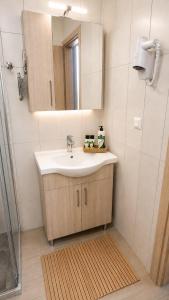 a bathroom with a sink and a mirror and a shower at Danny Arz Apartments in Iraklitsa +28 photos