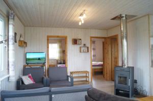 a living room with a couch and a tv at Ferienhaus Heideblick in Zerpenschleuse