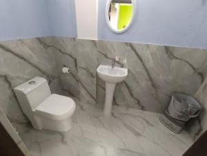 a bathroom with a toilet and a sink and a mirror at La Murphy Homestay in Cherrapunji