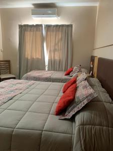 two beds in a bedroom with red pillows on them at Hotel Los Condores in Uspallata