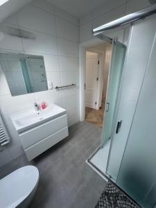 a bathroom with a toilet and a sink and a shower at Wczasowa 26 in Karwieńskie Błoto Drugie +8 photos