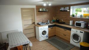 a kitchen with a washing machine and a sink at Pokoje Green House in Ustroń