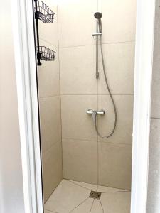 a shower with a shower head in a bathroom at Apartmán Majerův dvůr in Rožnov pod Radhoštěm +14 photos