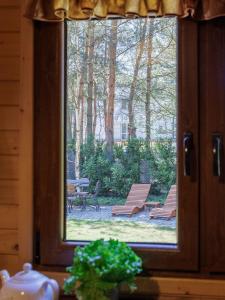 a window with a view of a yard with benches at Domek Hortensja in Zawady +33 photos