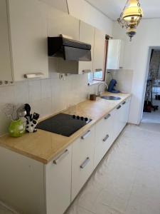 a kitchen with white cabinets and a counter top at Maison Brunetière in Saint-Martin-lʼArs +9 photos