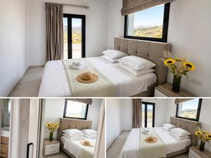 a bedroom with two beds and two windows at Villa relax glinado luluvo in Glinado Naxos
