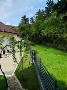 a fence next to a green field with a building at Casa David in Băile Govora