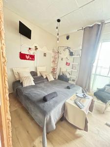 a bedroom with a large bed and a table at Jacuzzi Clim table de massage jardin et barbecue au cœur de Perpignan in Perpignan