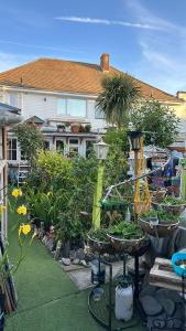 a garden with plants in baskets in front of a house at Bonnye's guest house in Ramsgate