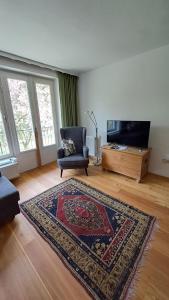 a living room with a chair and a rug at Nanus Sommerfrische in Hardegg +18 photos