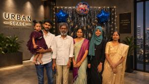 a group of people posing for a picture in a lobby at Urban Space in Khammam