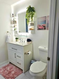 a bathroom with a toilet and a sink and a mirror at Heavenly Hideaway in Daytona Beach +51 photos