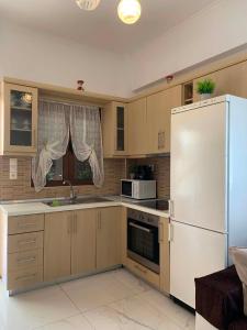 a kitchen with a white refrigerator and a sink at Miminllari APARTMENTS 2 in Pefkochori