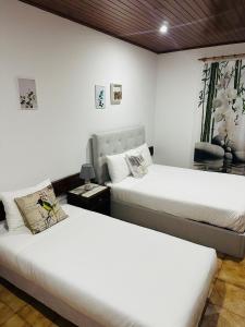 two beds in a room with white walls at Mountain View Guest House,Geres in Geres
