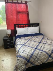 a bedroom with a bed and a red curtain at El refugio de Lolita, tu hogar en Loja in Loja +11 photos