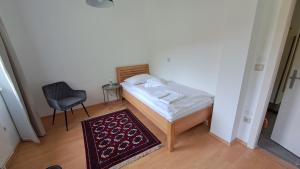 a small bedroom with a bed and a chair at Nanus Sommerfrische in Hardegg