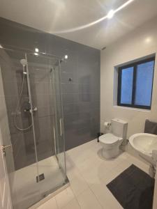 a bathroom with a shower and a toilet and a sink at Luxury Waterfront 3BR Apartment with Large Terrace in Marsaskala +43 photos