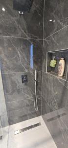 a bathroom with a shower with black marble tiles at DLE Murtic in Shëngjin +9 photos