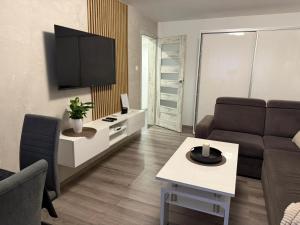 a living room with a couch and a tv at Incanto Apartament os Kopernika in Starogard Gdański