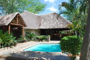 een huis met een rieten dak en een zwembad bij Acasia Guest Lodge in Komatipoort