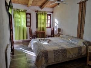 a bedroom with a large bed with green curtains at Cardones de Molinos in Molinos