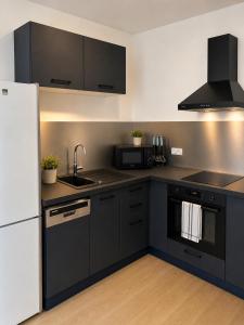 a kitchen with black cabinets and a white refrigerator at LE 23 ter in Jarny