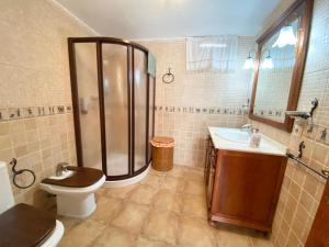 a bathroom with a shower and a toilet and a sink at Villa Nadimar - Casa rural con terraza magnífica y 4 habitaciones in Benecid +24 photos