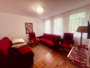 a living room with a red couch and two chairs at DOMEK NR 5 z dwiema sypialniami in Tleń