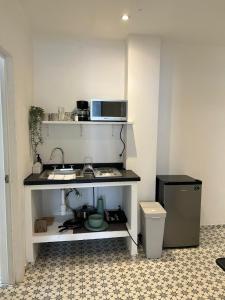 a kitchen with a counter with a microwave on it at Casa Andres in Guadalajara