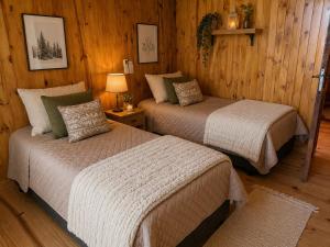 two beds in a room with wooden walls at Cozy Premium Delta Cabin Private Dock in Tigre +61 photos