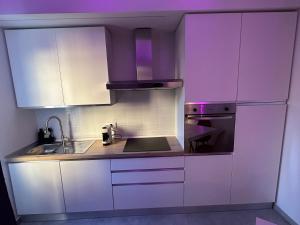 a kitchen with white appliances and purple cabinets at Residenza del Lago in Viverone +8 photos