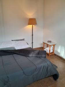 a bed in a room with a lamp and a table at Amaicha Luján in Luján
