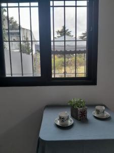 two cups and saucers on a table in front of a window at Amaicha Luján in Luján