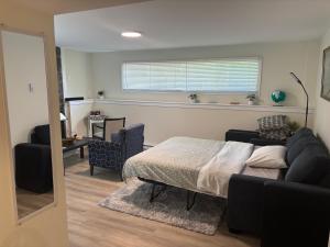 a bedroom with a bed and a couch and a window at Private Guest Suite In Colwood in Colwood