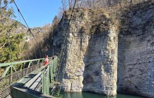 a suspension bridge over a river with people on it at Ca' Piero in Lamon