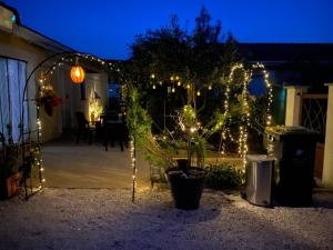 a patio with christmas lights in a yard at night at Chez Ludivine in Buzet-sur-Tarn