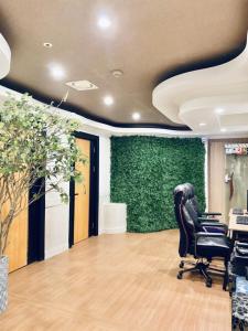 a waiting room with a chair and a green wall at Gumi stayraum in Gumi