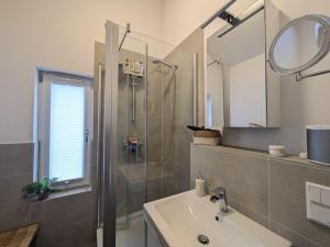 a bathroom with a shower and a sink and a mirror at Heilige-Hafen-Lodge in Heiligenhafen +25 photos